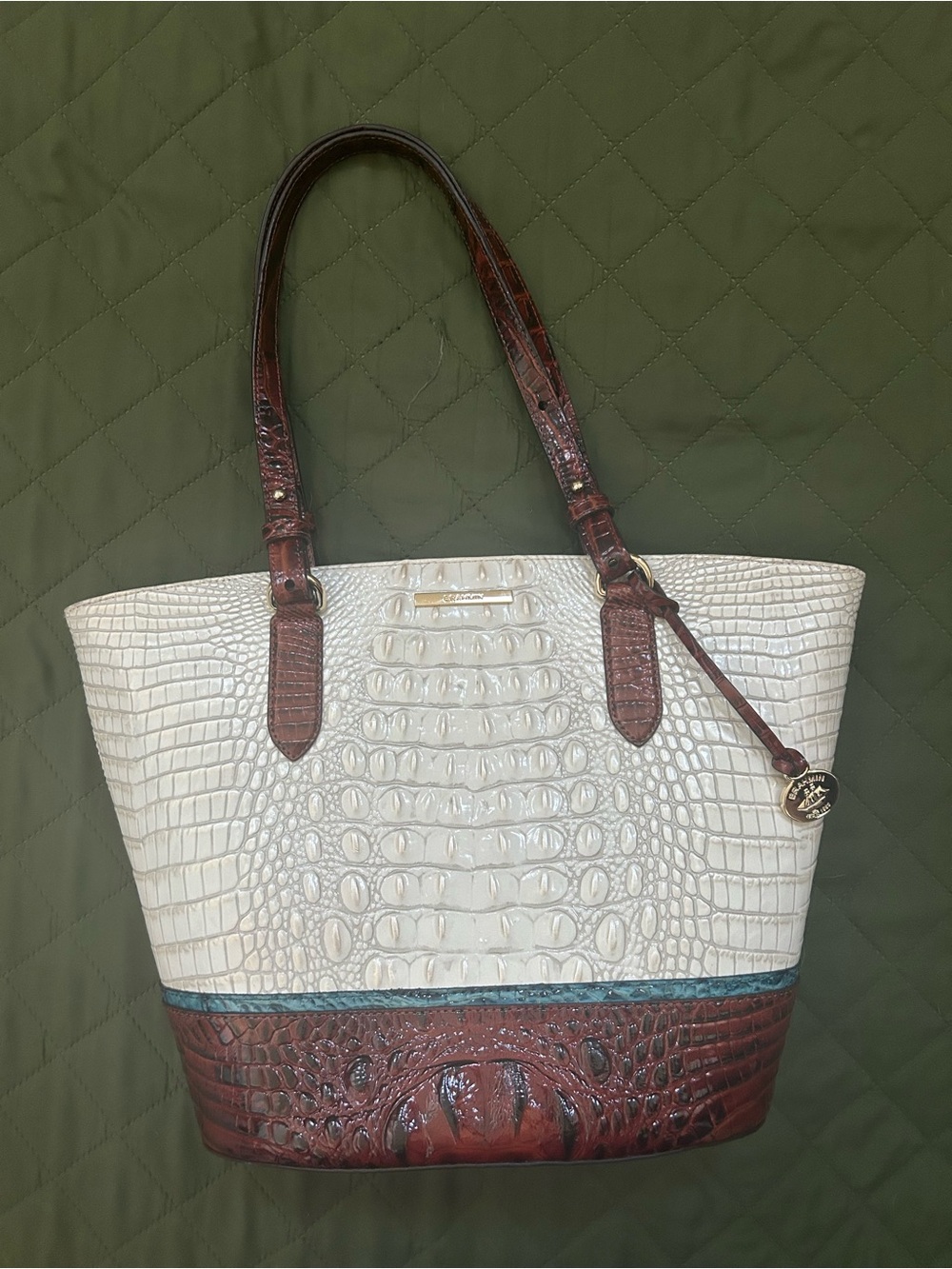 Brahmin Two-Tone Croc-Embossed Tote in Cream and Brown with Teal Trim